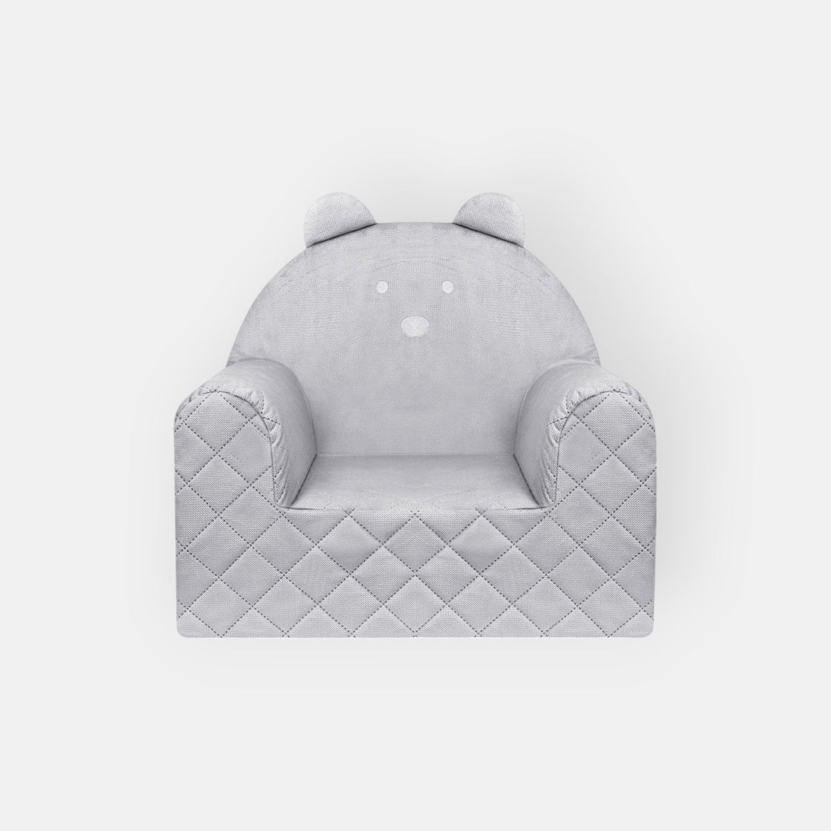 Poltroncina per bambini a forma di orso in velluto Grigio chiaro, vista frontale con orecchie d'orso e rivestimento