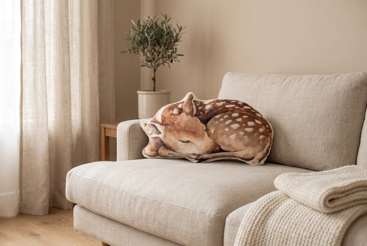 Dekokissen für Kinder Reh-Motiv auf einem Leinensofa im Wohnzimmer
