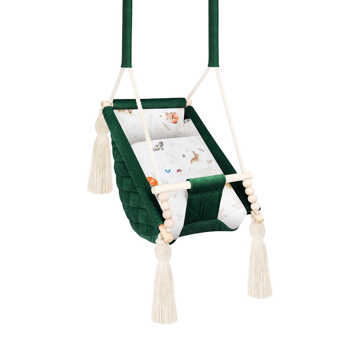 Amaca altalena per bebè in velluto Verde, in velluto con imbottitura in cotone con motivo volpe, velluto trapuntato e perle