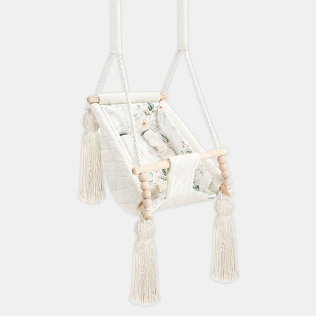 Amaca altalena per bebè in velluto Beige, in velluto, vista frontale con imbottitura in cotone rimovibile