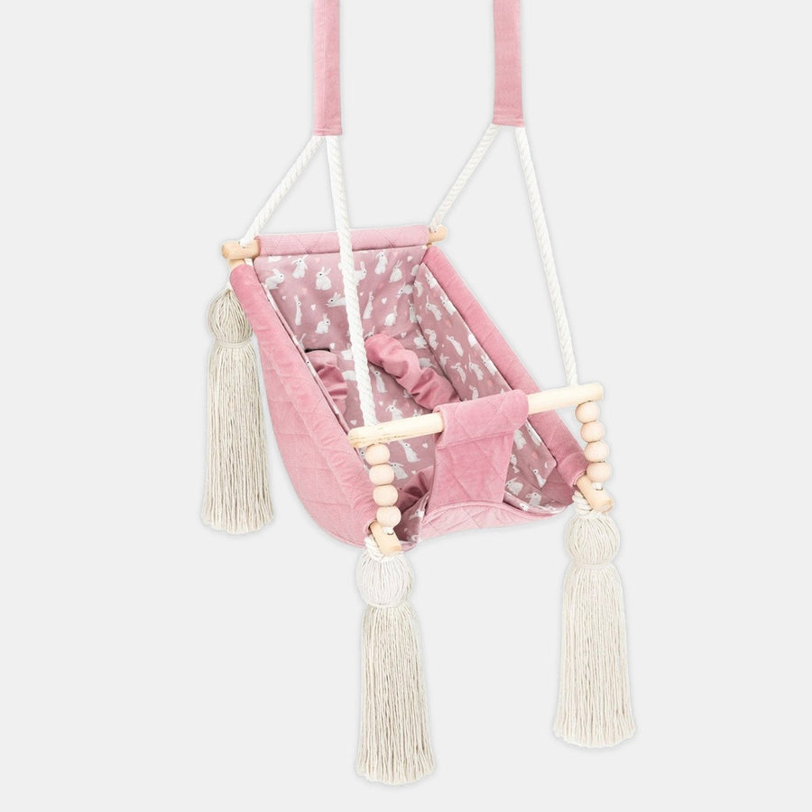 Amaca altalena per bebè in velluto Rosa, in velluto, vista frontale con imbottitura in cotone rimovibile