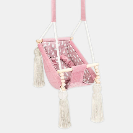 Amaca altalena per bebè in velluto Rosa, in velluto, vista frontale con imbottitura in cotone rimovibile