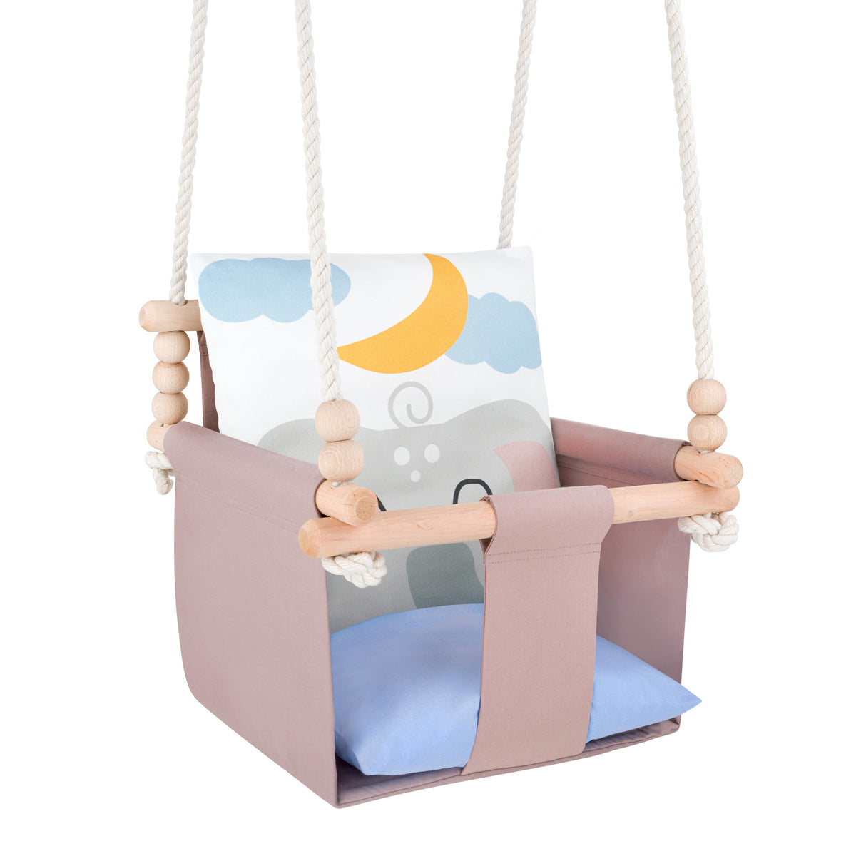 Altalena da interno per bambini con cuscini in cotone Elefante, cuscino reversibile con motivo luna e nuvole
