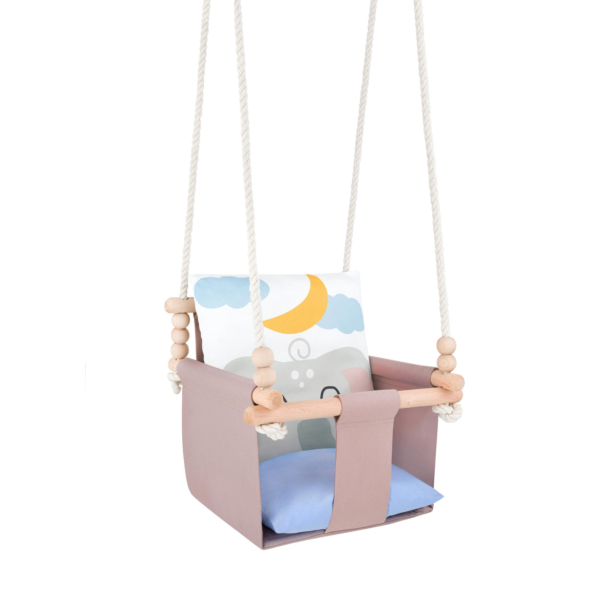 Altalena da interno per bambini con cuscini in cotone Elefante, cuscino reversibile con motivo luna e nuvole, vista di tre