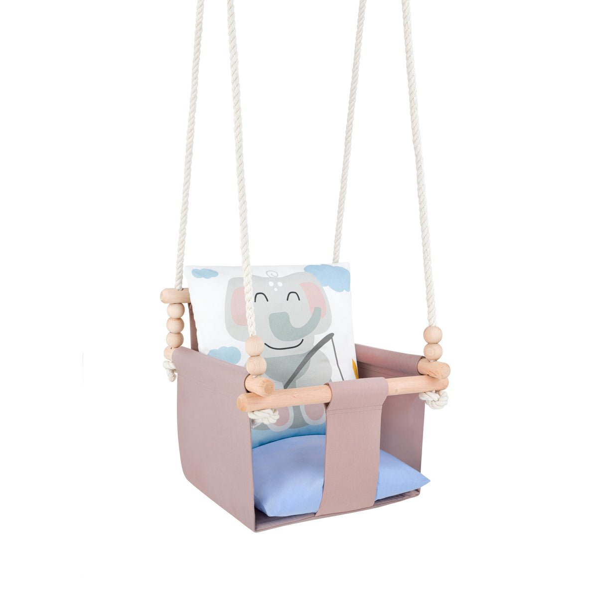 Altalena da interno per bambini con cuscini in cotone Elefante, vista d'insieme con corde e perle di legno