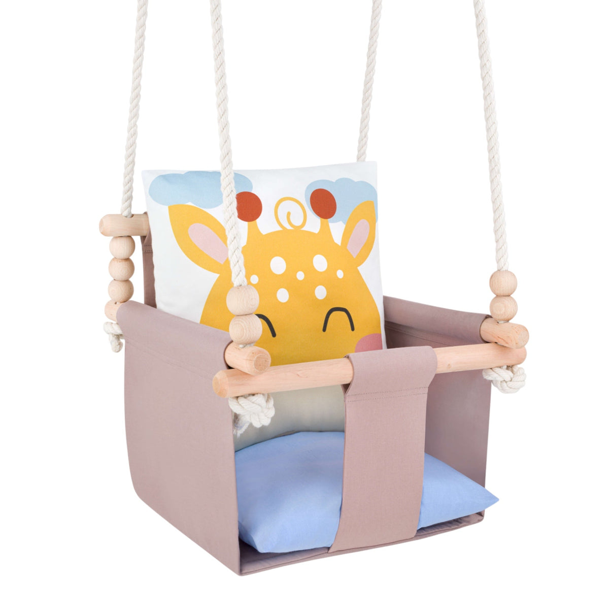 Babyschaukel mit doppelseitigen Baumwollkissen Giraffe-Motiv, gesteppte Sitzfläche mit hellblauem Kissen