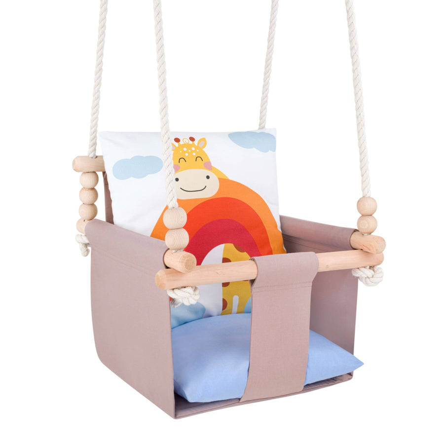 Babyschaukel mit doppelseitigen Baumwollkissen Giraffe-Motiv, Wendekissen mit Mond- und Wolkenmotiv