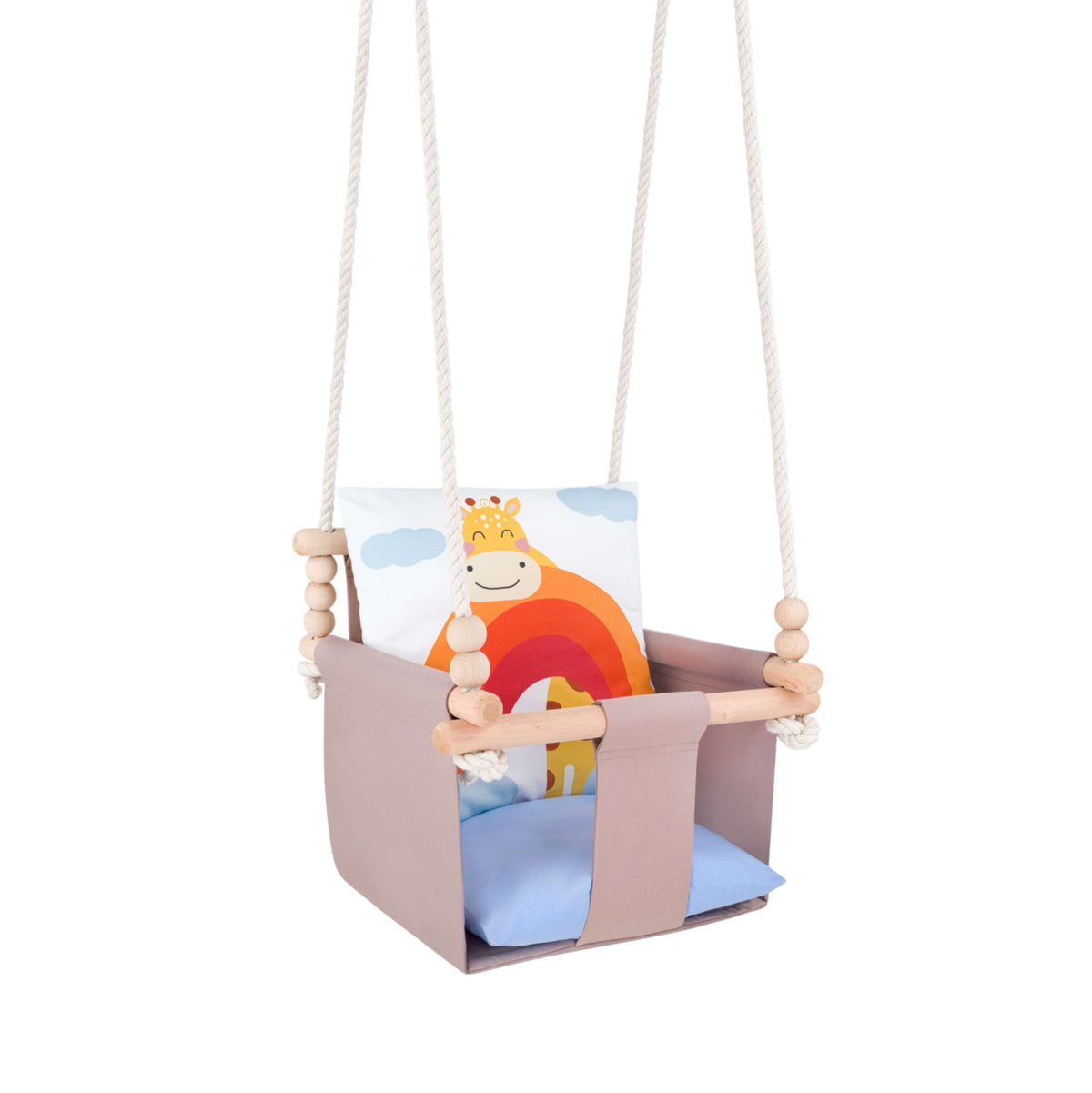 Babyschaukel mit doppelseitigen Baumwollkissen Giraffe-Motiv, Wendekissen mit Mond- und Wolkenmotiv, Dreiviertelansicht