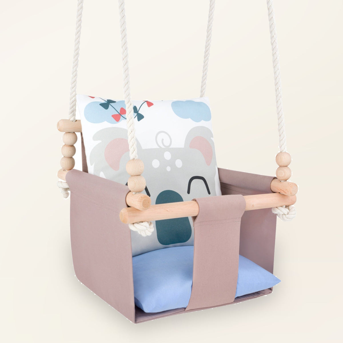 Babyschaukel mit doppelseitigen Baumwollkissen Koala-Motiv, in der Vorderansicht