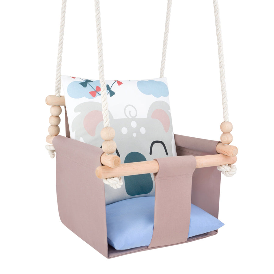 Babyschaukel mit doppelseitigen Baumwollkissen Koala-Motiv, gesteppte Sitzfläche mit hellblauem Kissen