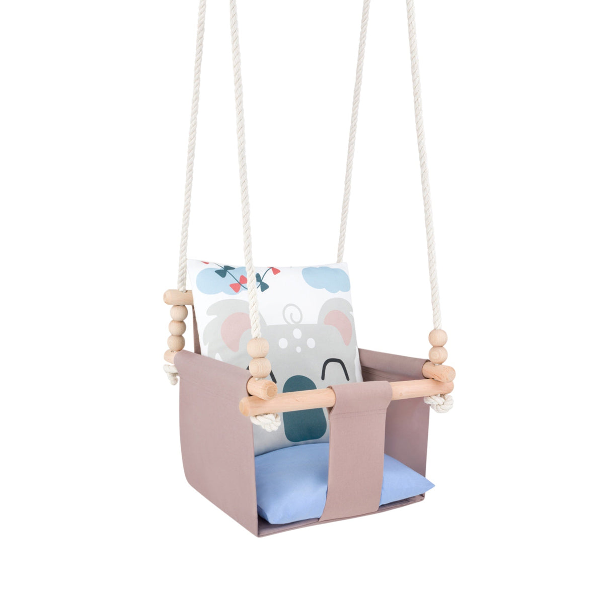 Babyschaukel mit doppelseitigen Baumwollkissen Koala-Motiv, Gesamtansicht mit Seilen und Holzperlen