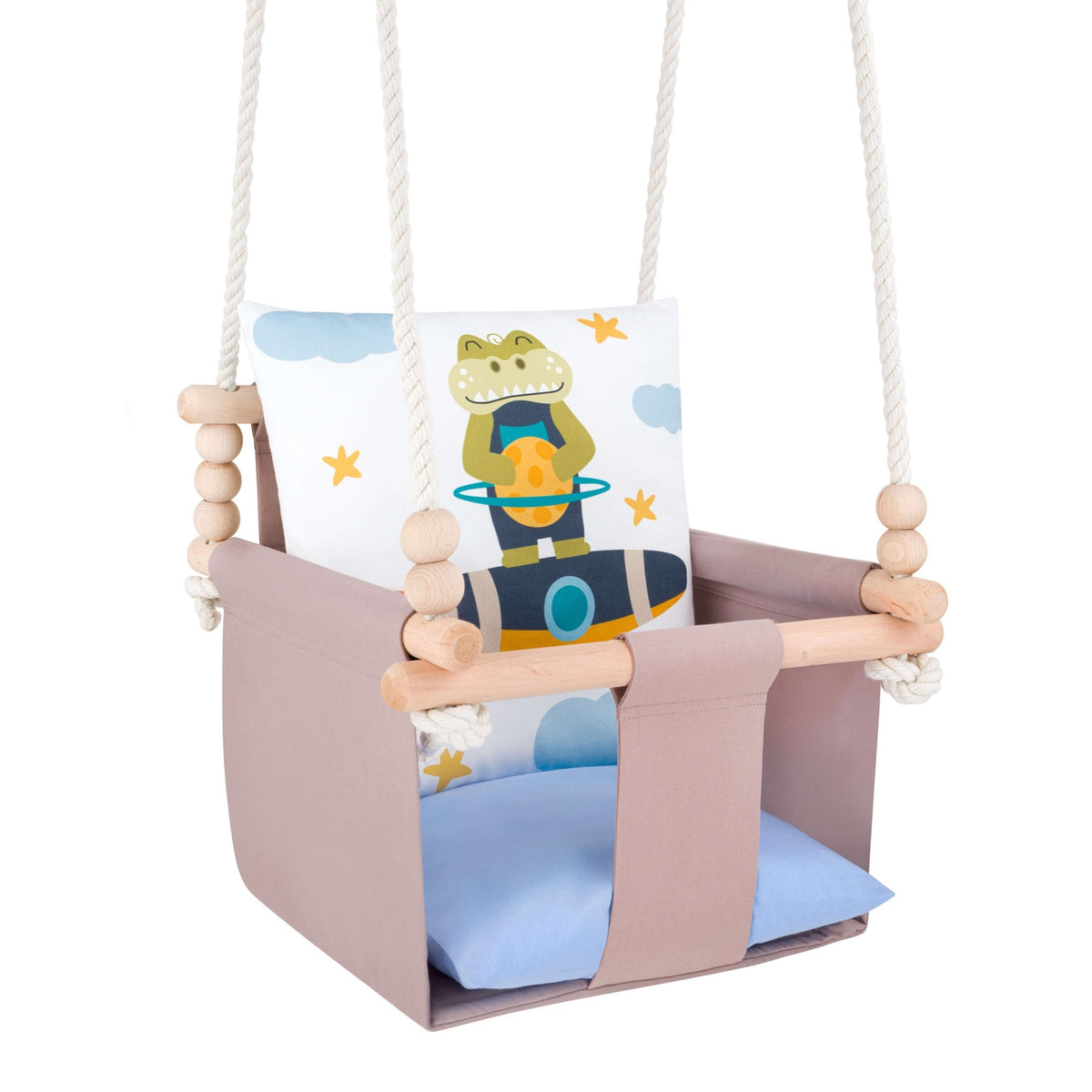Altalena da interno per bambini con cuscini in cotone Coccodrillo, cuscino reversibile con motivo luna e nuvole, vista di