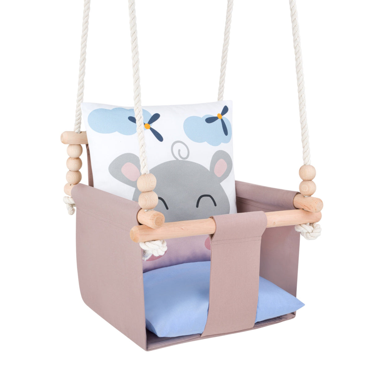 Altalena da interno per bambini con cuscini in cotone Ippopotamo, cuscino reversibile con motivo luna e nuvole