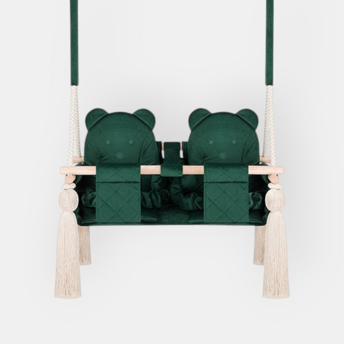 Balançoire double jumeaux en bois pour intérieur, vert, vue de face avec siège double, barre en bois et pompons