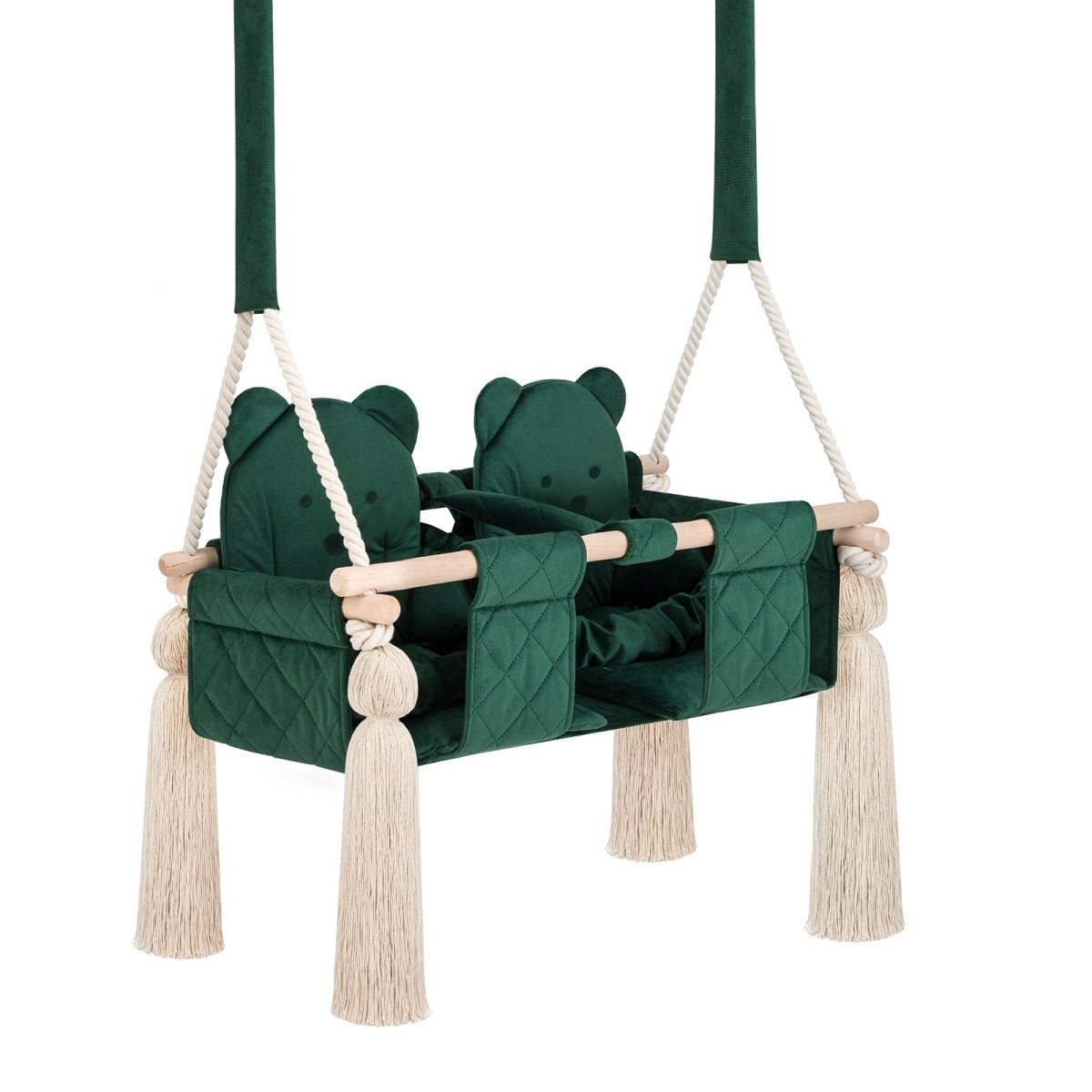 Balançoire double jumeaux en bois pour intérieur, vert, vue de trois quarts avec siège double matelassé et cordes