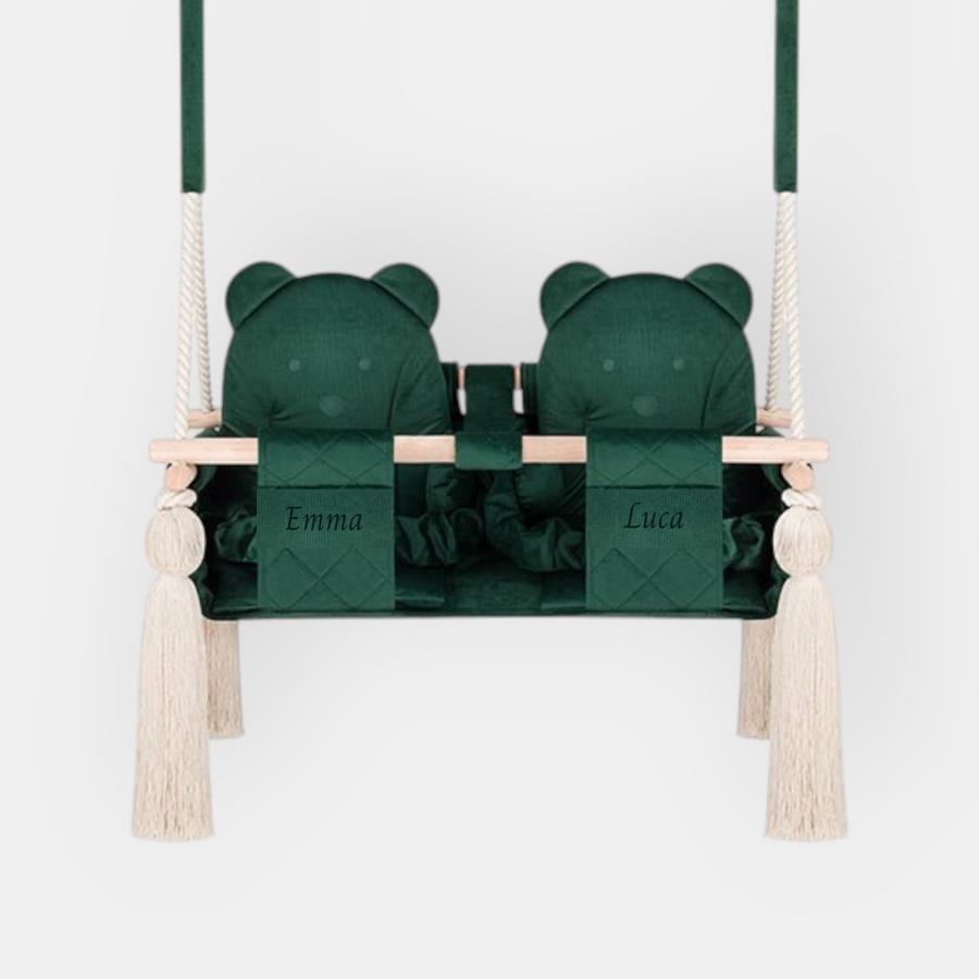 Balançoire double jumeaux en bois pour intérieur, vert, avec broderie de prénom en option sur les ceintures de sécurité