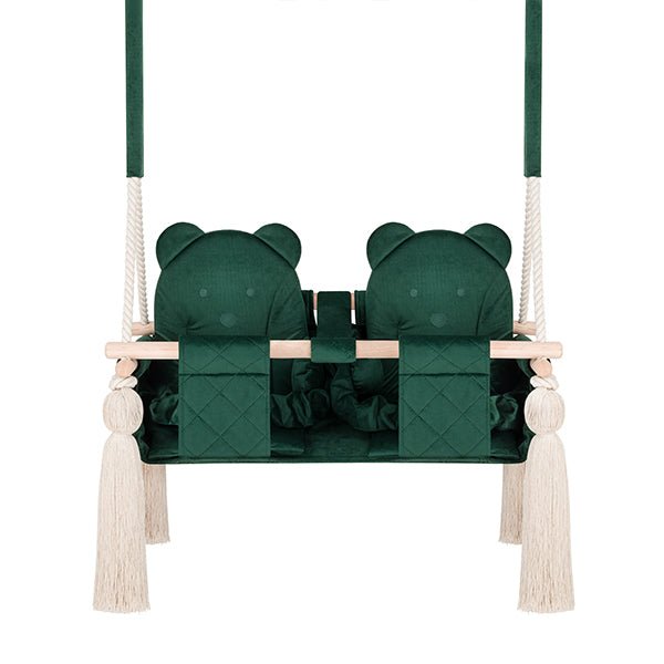 Balançoire double jumeaux en bois pour intérieur, vert, vue d'ensemble avec deux dossiers en forme d'ours