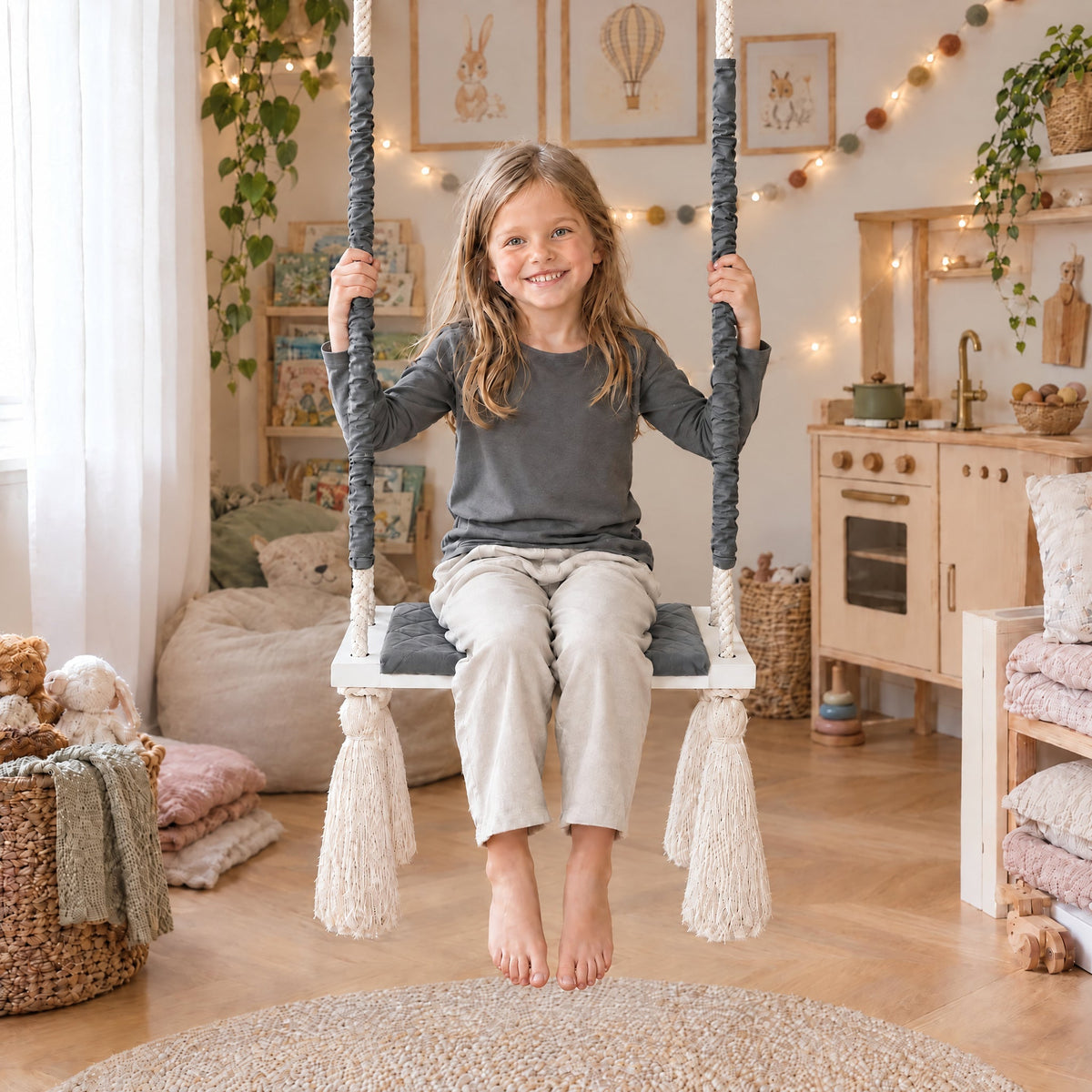 Altalena in legno da interno con seduta in velluto Grigio scuro, con un bambino di 5 anni in una cameretta luminosa
