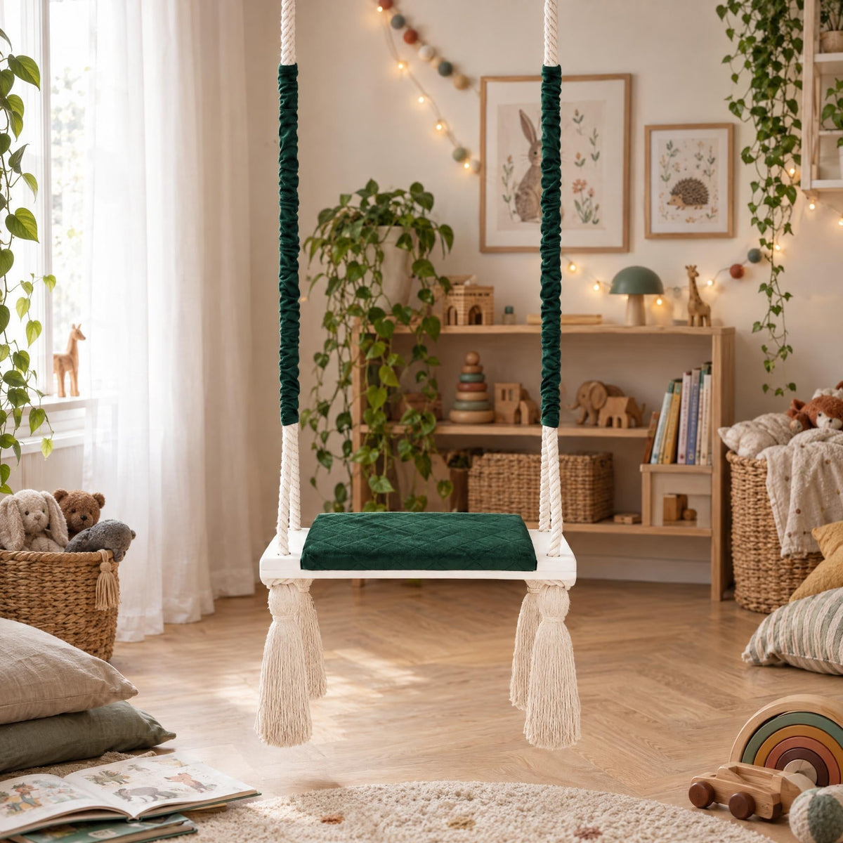 Altalena in legno da interno con seduta in velluto Verde, appesa in una cameretta luminosa