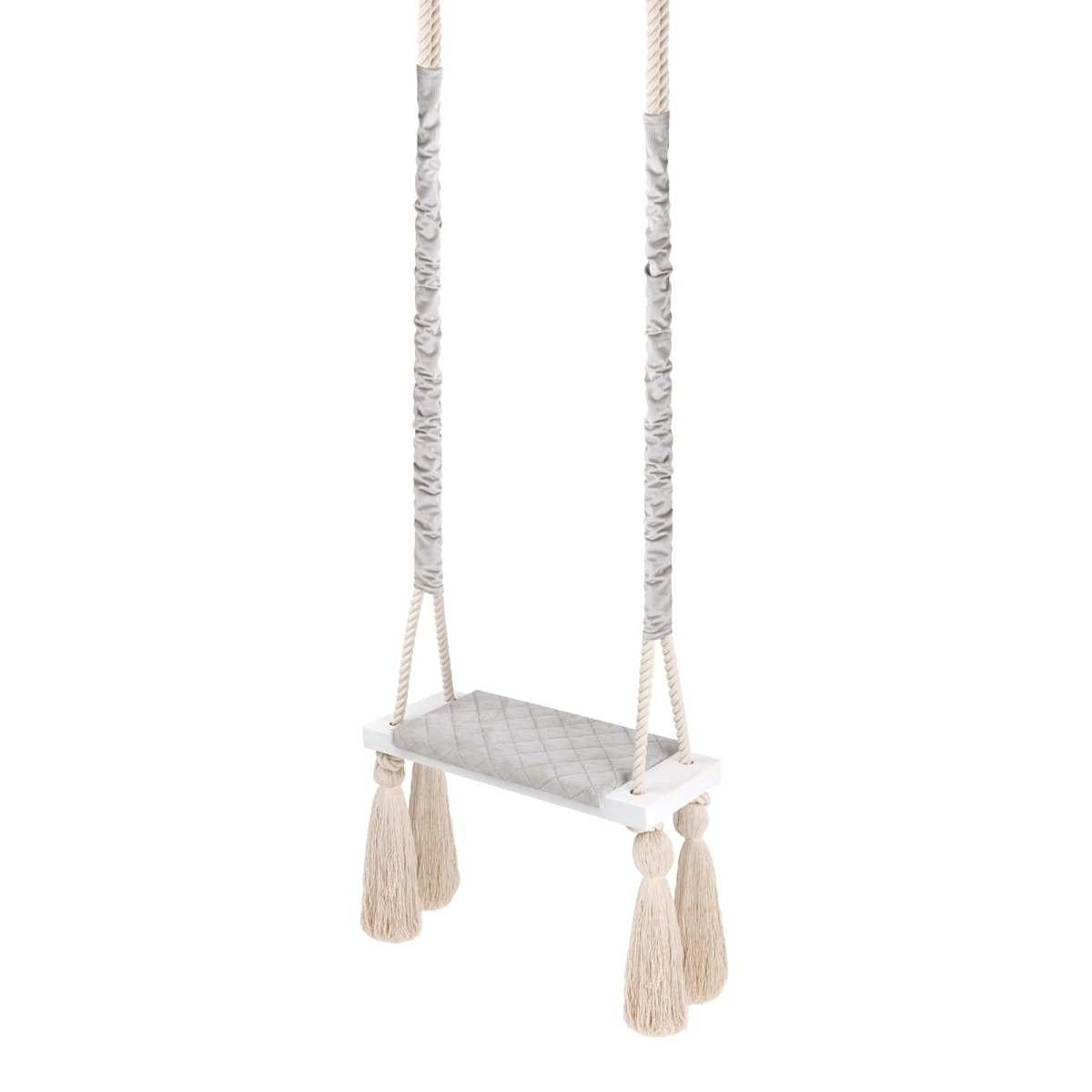 Balançoire enfant intérieur bois massif corde coton gris clair, vue d'ensemble : cordes gainées de tissu et pompons