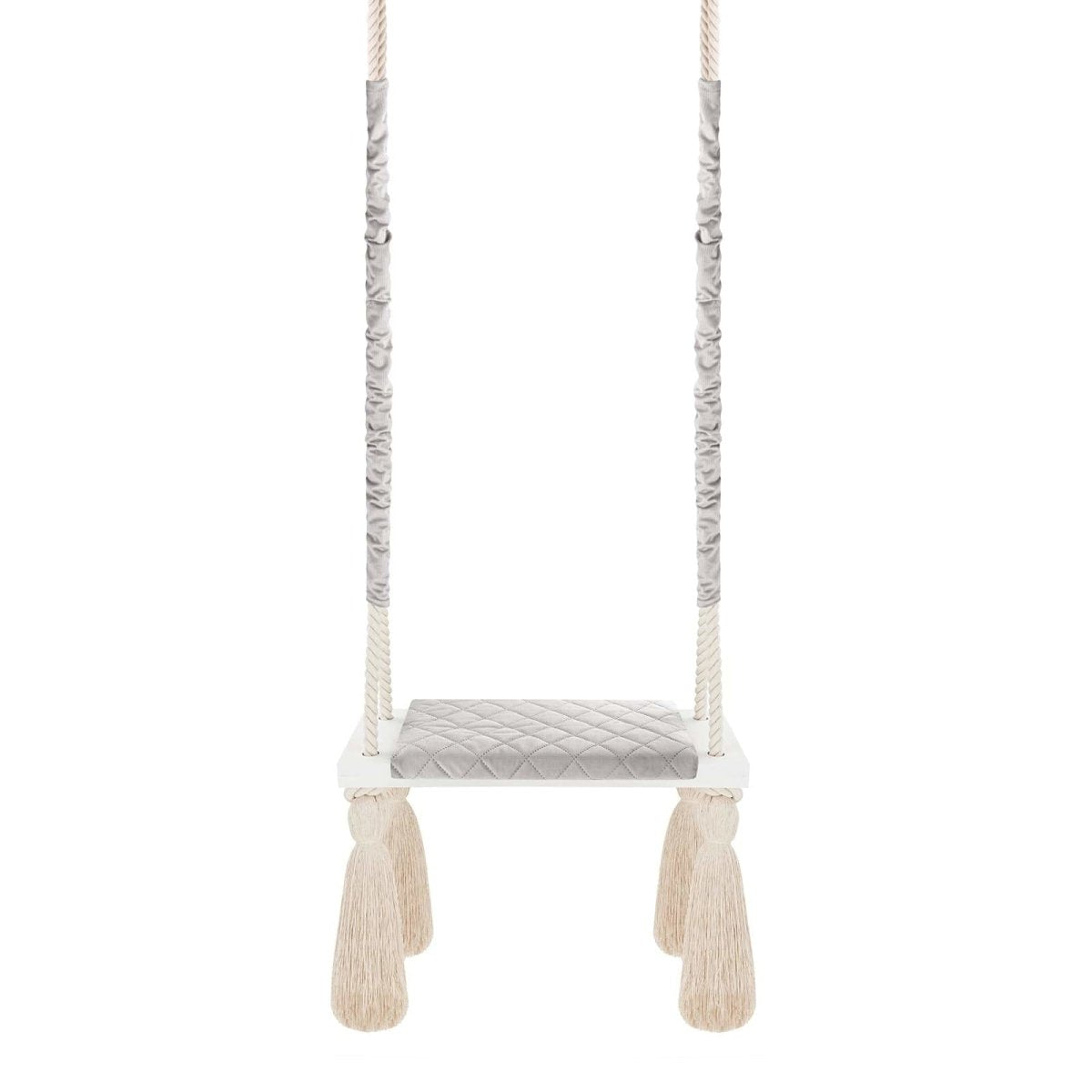 Balançoire enfant intérieur bois massif corde coton gris clair, vue d'ensemble avec les longues cordes