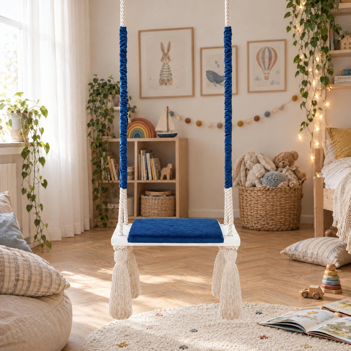 Altalena in legno da interno con seduta in velluto Blu marino, appesa in una cameretta luminosa