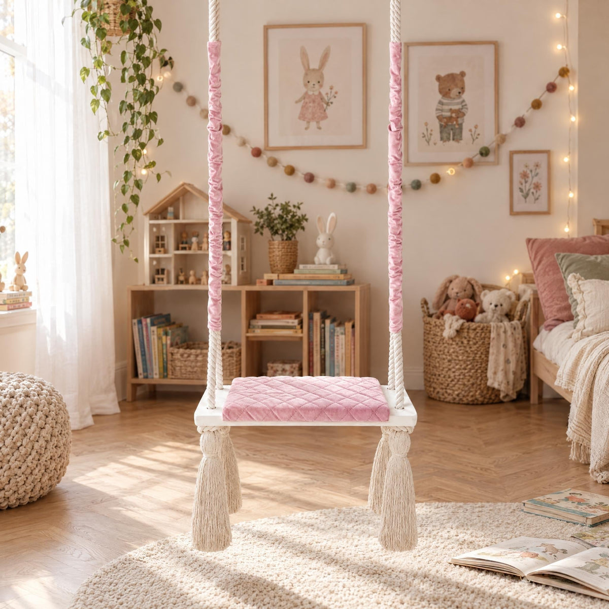 Altalena in legno da interno con seduta in velluto Rosa, appesa in una cameretta luminosa