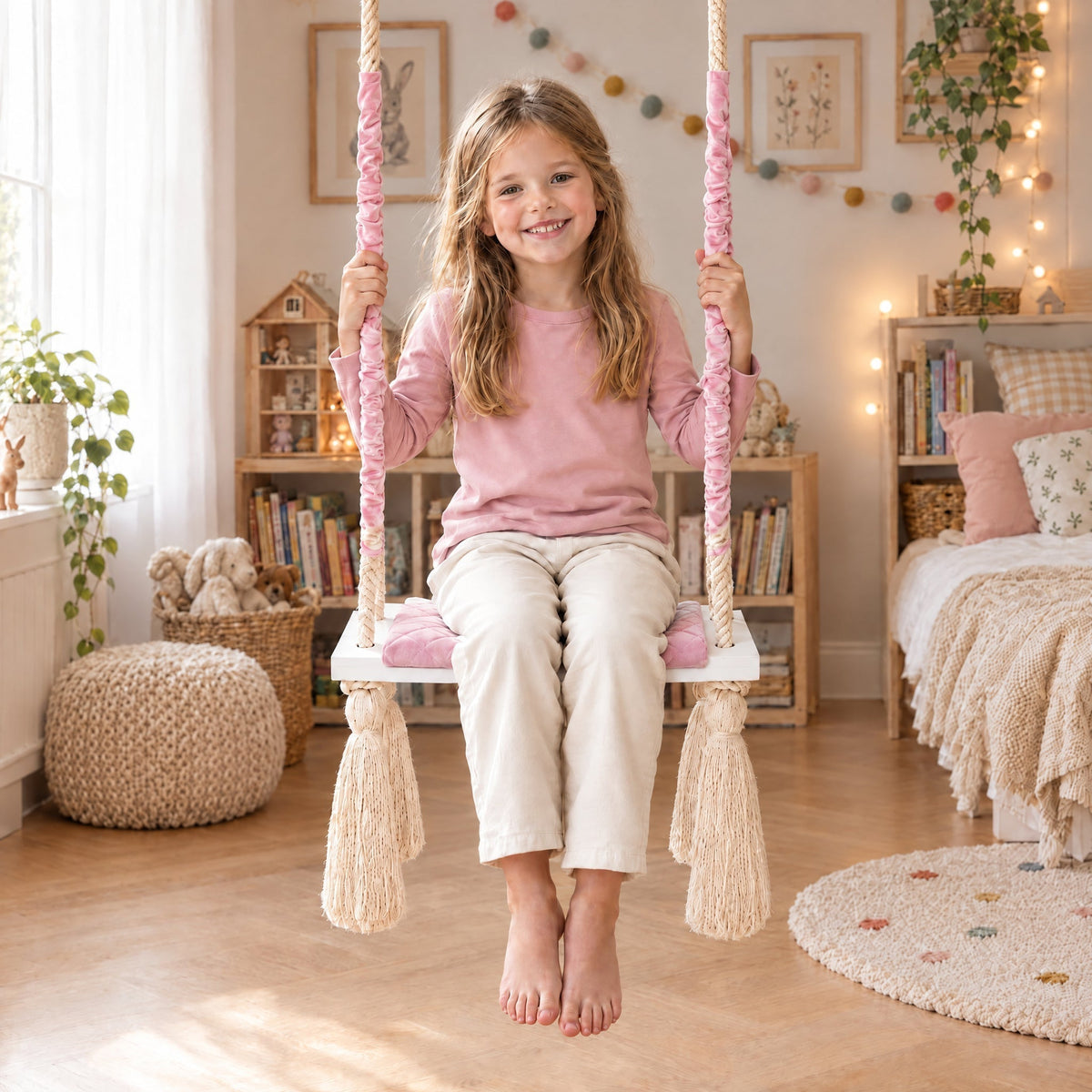 Altalena in legno da interno con seduta in velluto Rosa, con un bambino di 5 anni in una cameretta luminosa