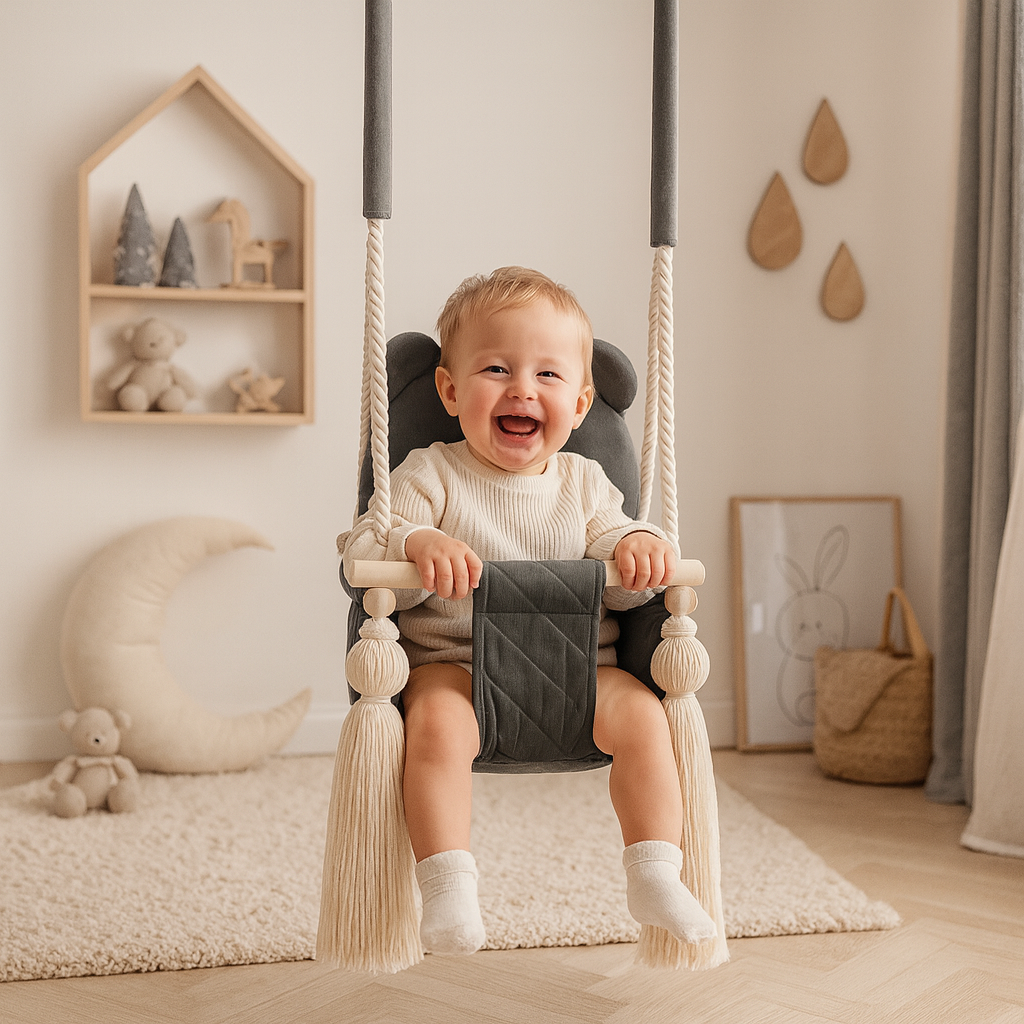 Kinderschaukel für Zuhause Dunkelgrau, mit Kind im hellen Kinderzimmer