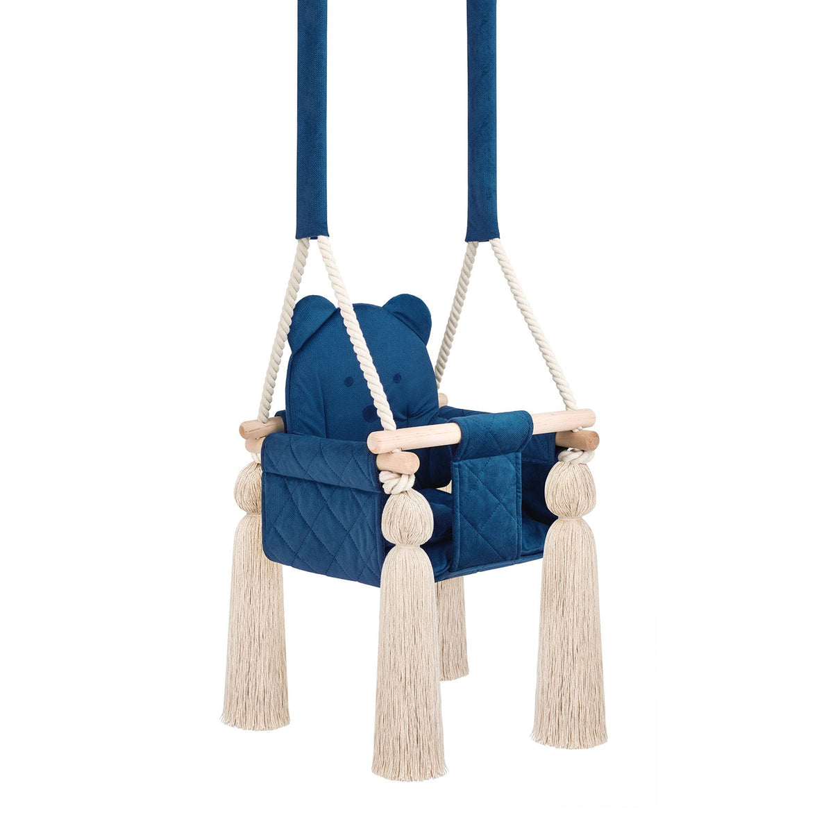 Altalena da interno per bambini in velluto Blu marino, vista di tre quarti con nappe, perle di legno e corde