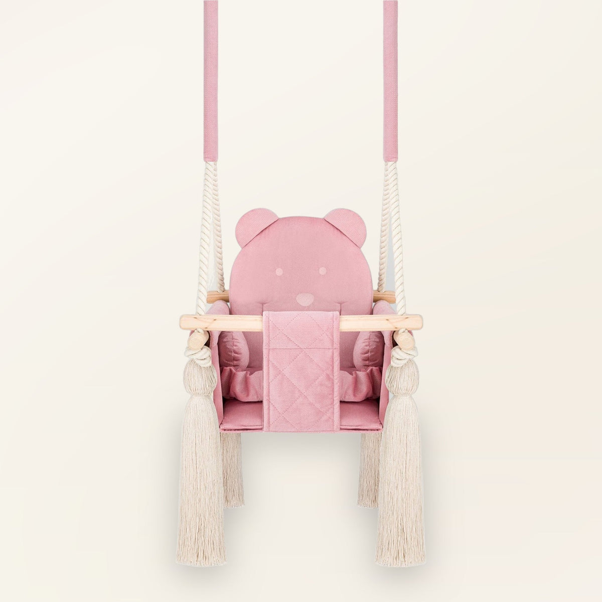 Altalena da interno per bambini in velluto Rosa, altalena in velluto, vista frontale con schienale a forma di orso