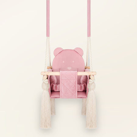 Altalena da interno per bambini in velluto Rosa, altalena in velluto, vista frontale con schienale a forma di orso
