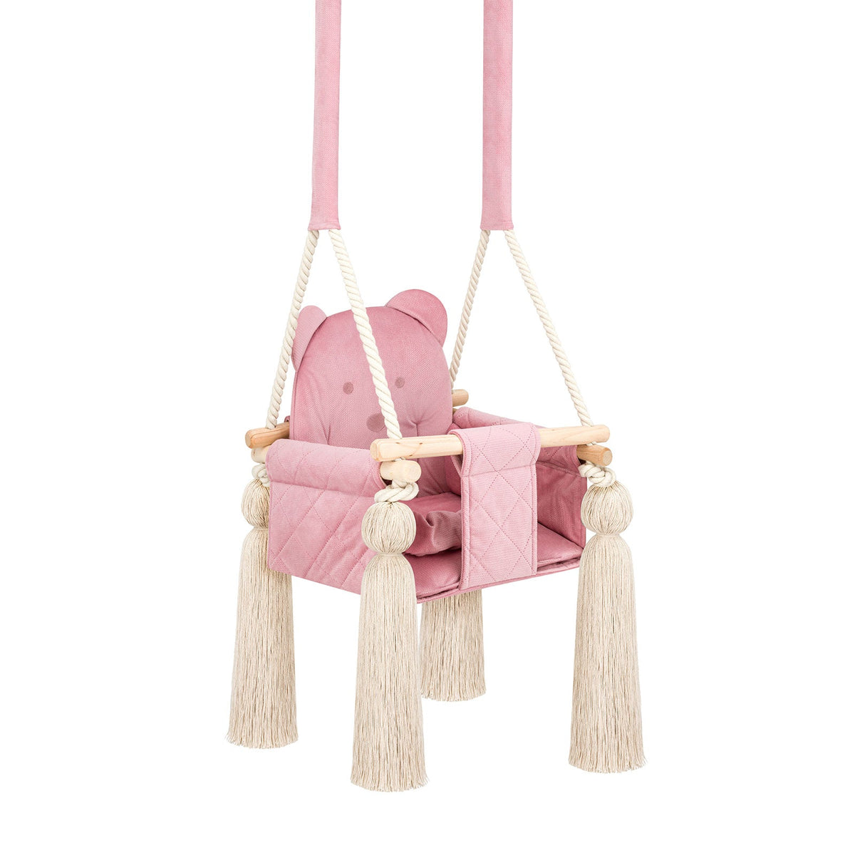 Altalena da interno per bambini in velluto Rosa, vista di tre quarti con nappe, perle di legno e corde