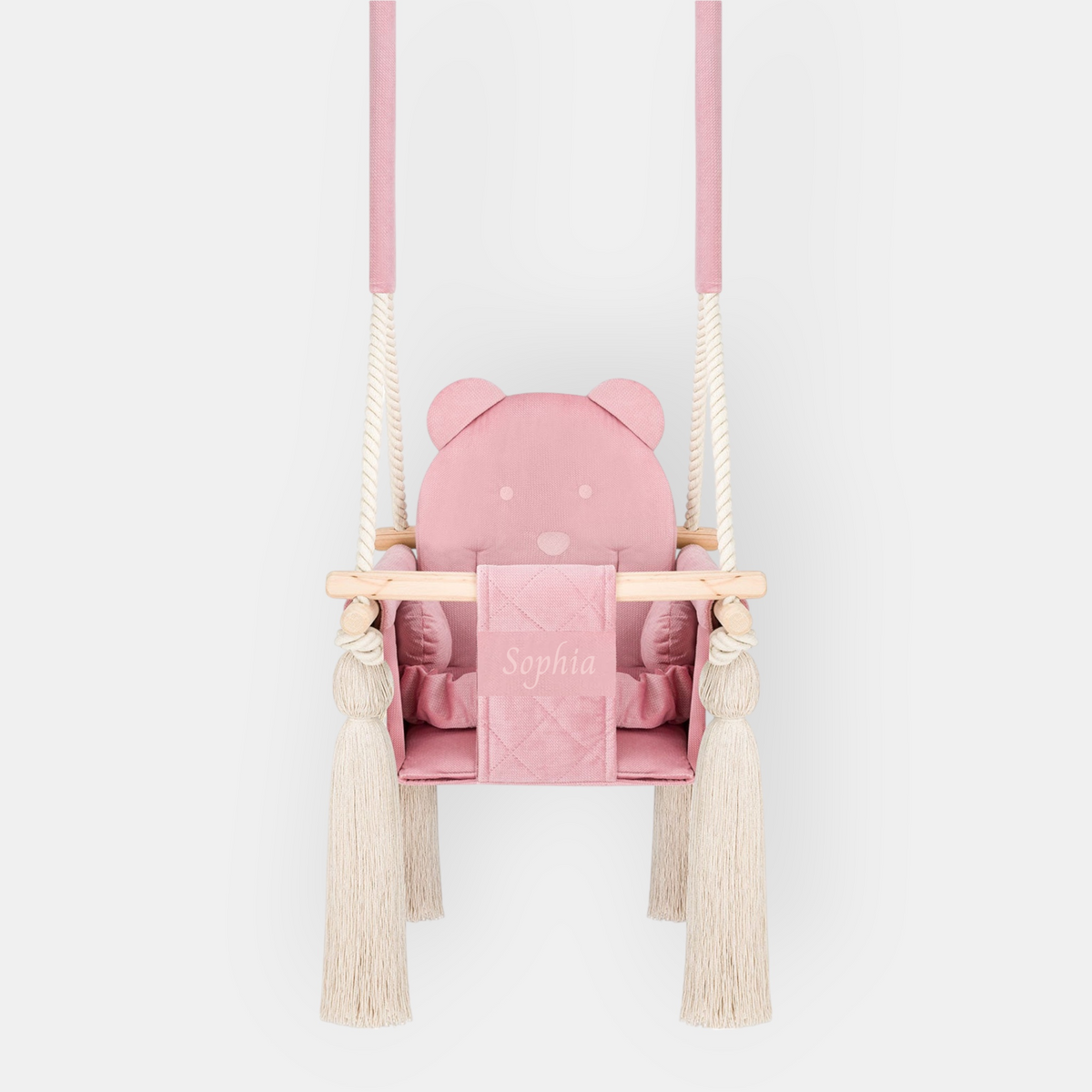 Altalena da interno per bambini in velluto Rosa, con ricamo del nome opzionale sulla cintura di sicurezza
