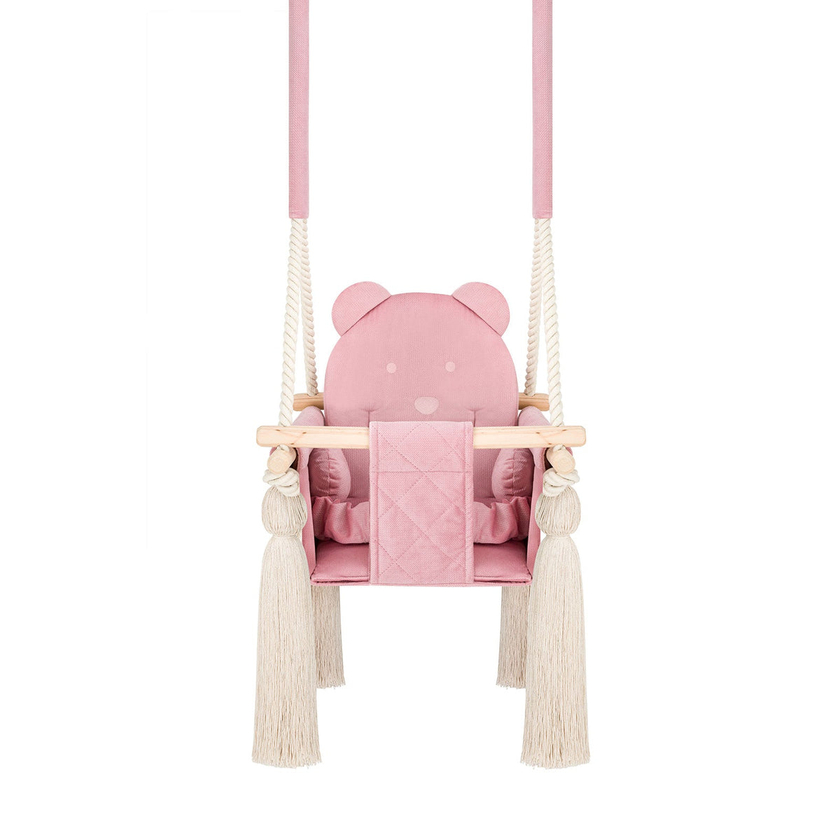 Altalena da interno per bambini in velluto Rosa, vista d'insieme con orecchie d'orso sullo schienale