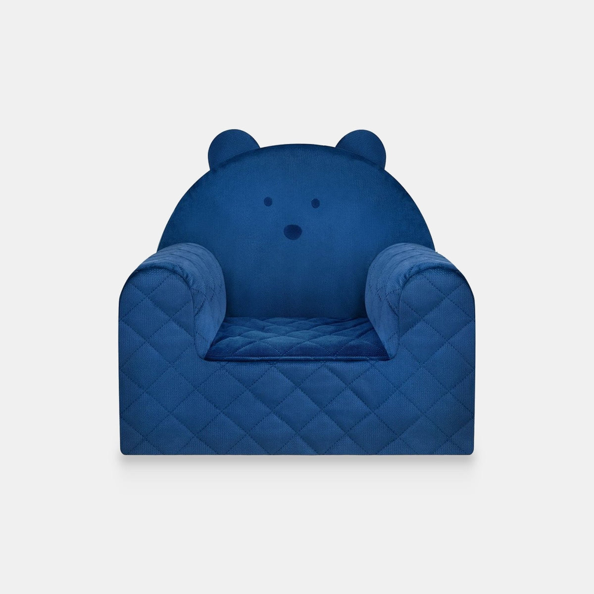 Poltroncina per bambini a forma di orso in velluto Blu scuro, vista frontale su sfondo chiaro
