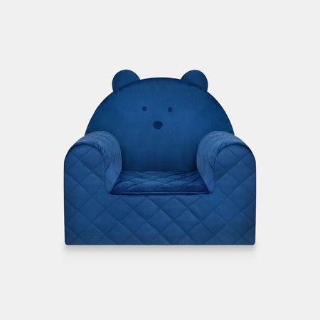 Poltroncina per bambini a forma di orso in velluto Blu scuro, vista frontale su sfondo chiaro