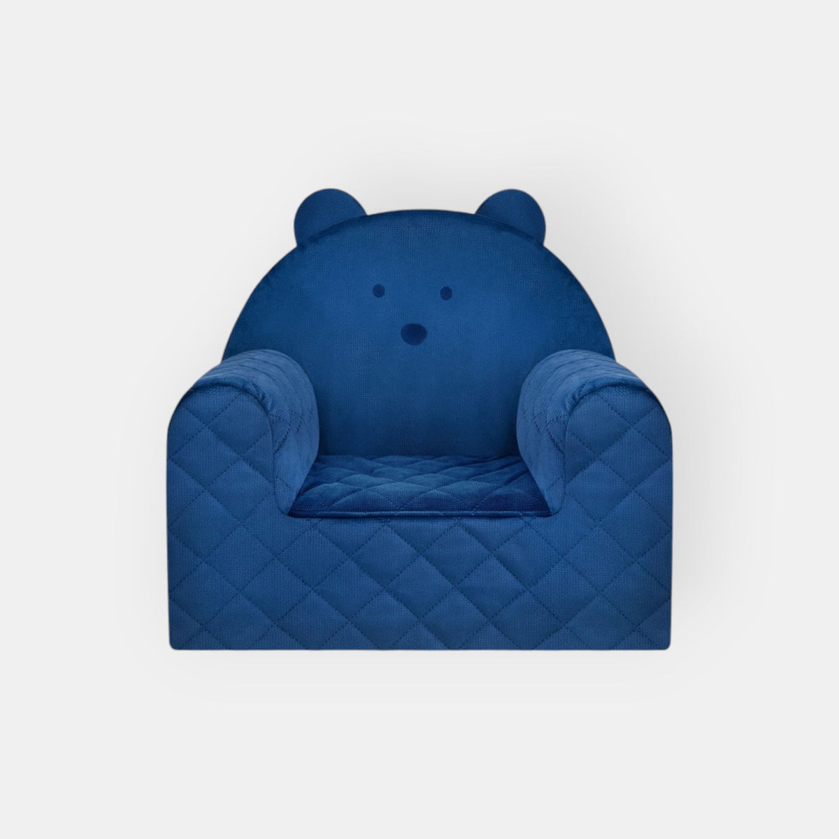 Poltroncina per bambini a forma di orso in velluto Blu scuro, vista frontale con orecchie d'orso e rivestimento trapuntato