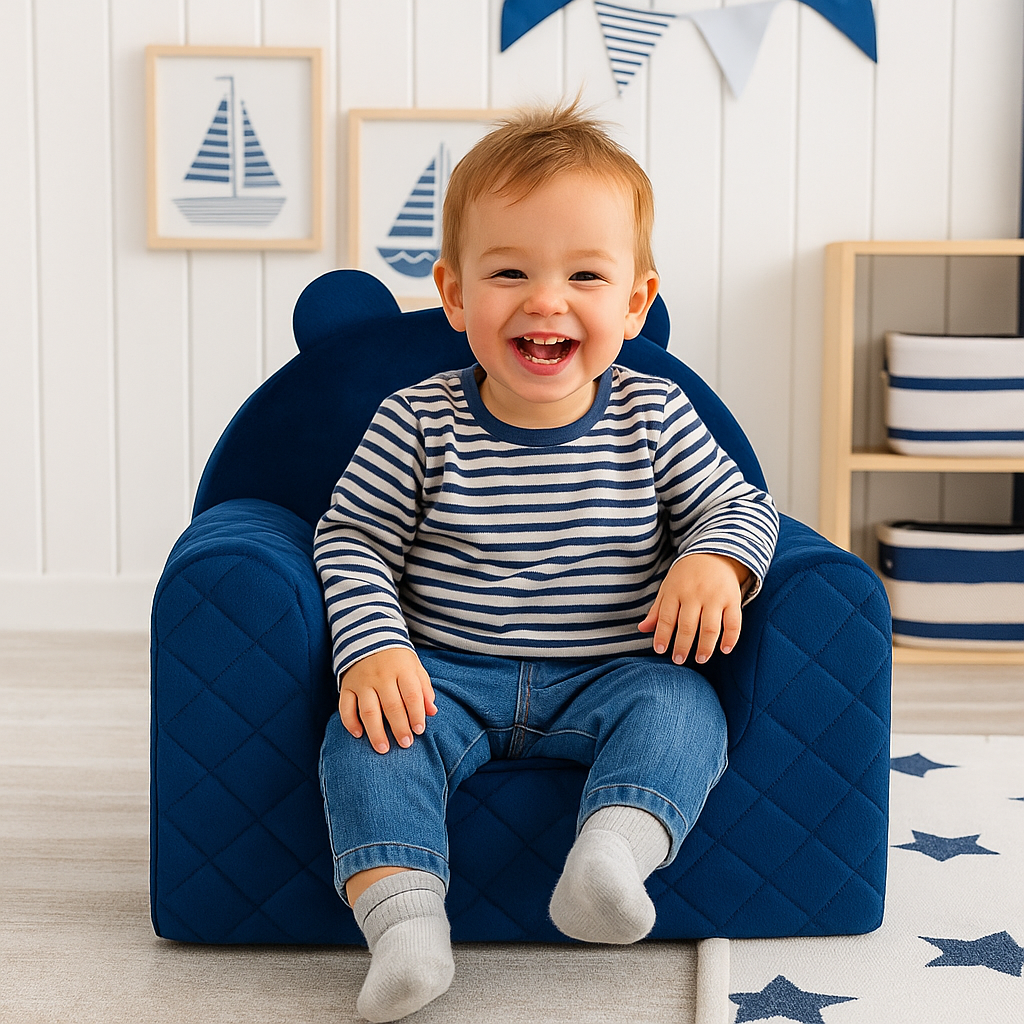 Poltroncina per bambini a forma di orso in velluto Blu scuro, poltroncina in velluto con orecchie d'orso e braccioli morbidi