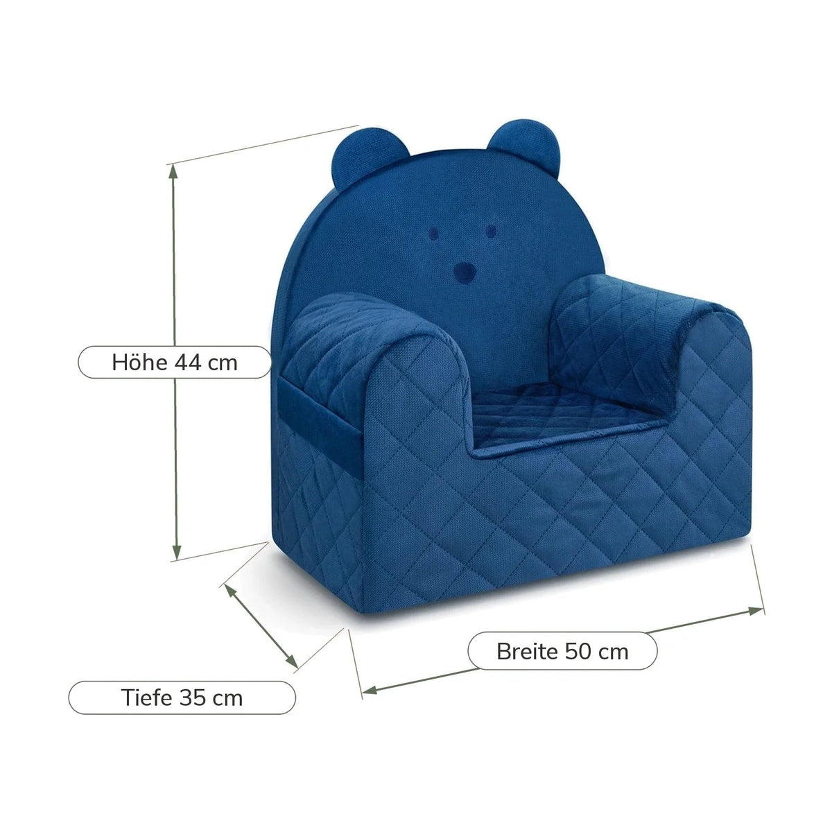 Poltroncina per bambini a forma di orso in velluto Blu scuro, misure: larghezza 50 cm, profondità 35 cm, altezza 44 cm