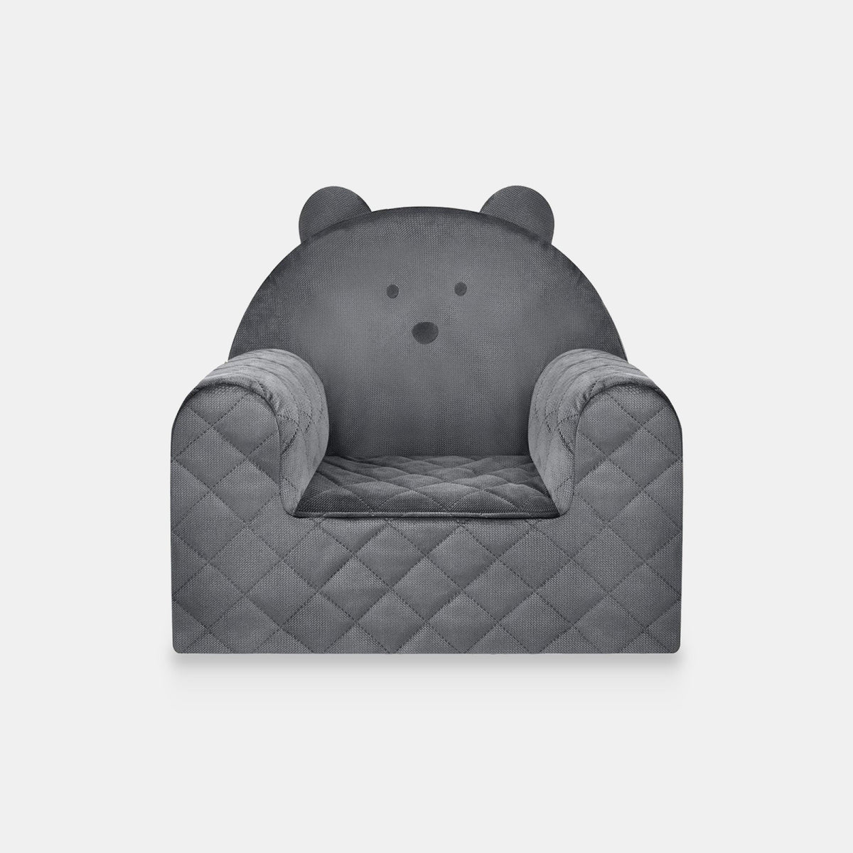 Fauteuil enfant en forme d'ours gris foncé - Velours, vue de face sur fond clair
