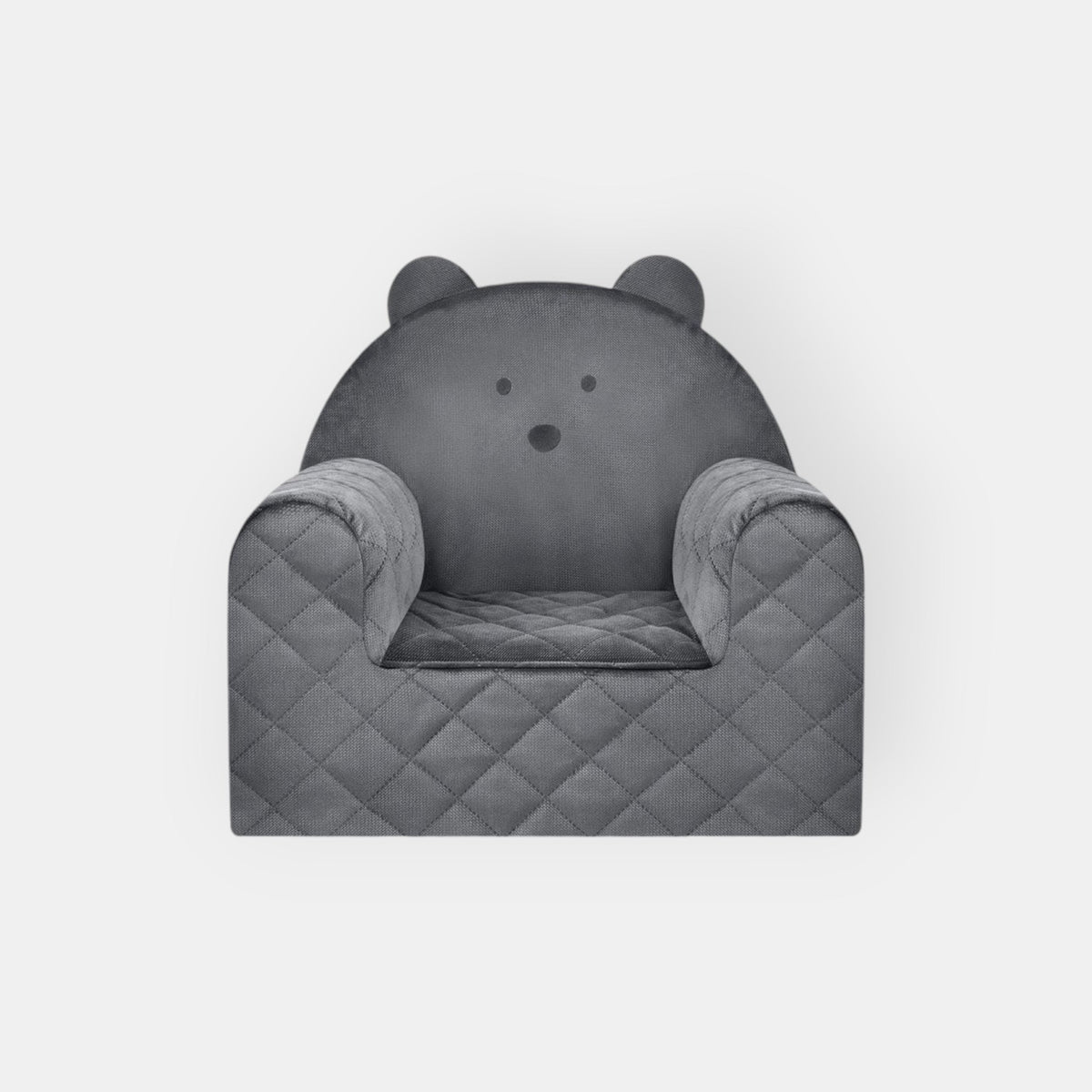 Fauteuil enfant en forme d'ours gris foncé - Velours, vue de face avec oreilles d'ours et housse matelassée