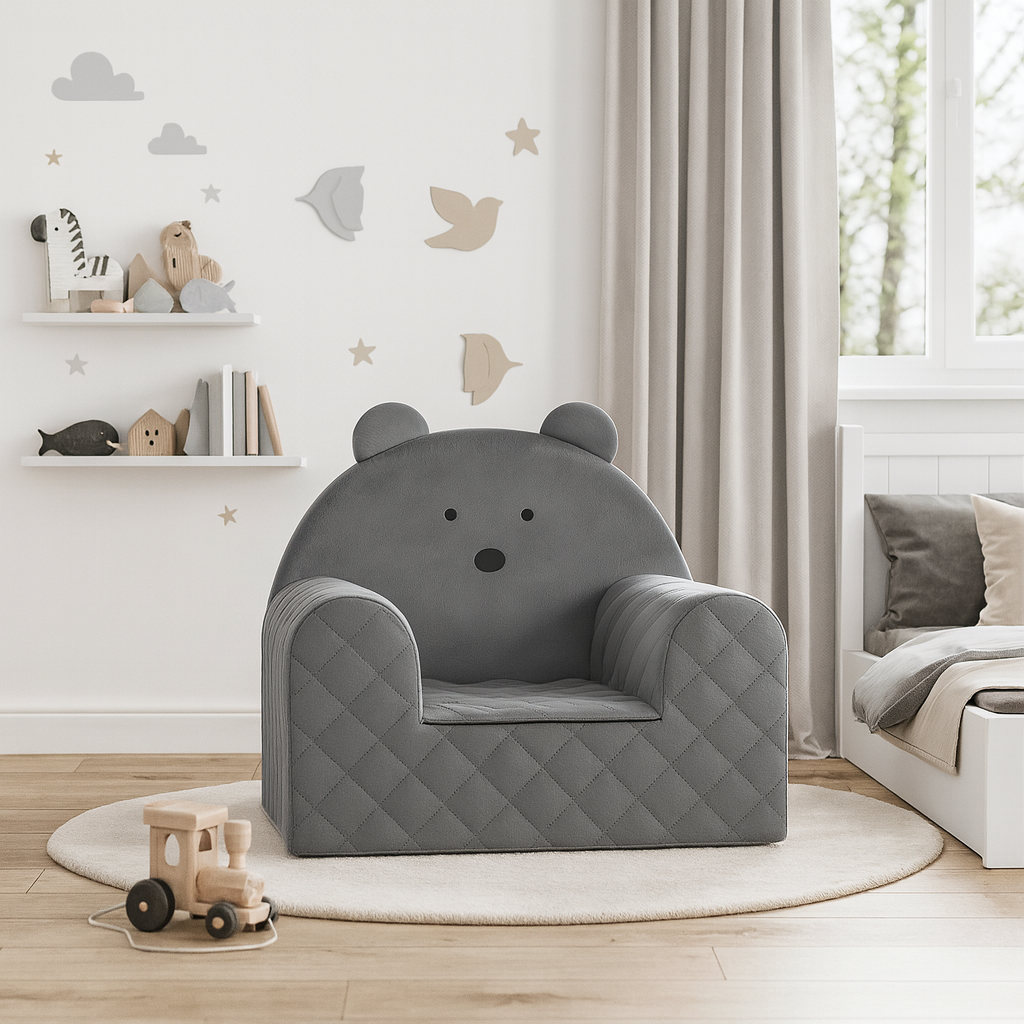 Fauteuil enfant en forme d'ours gris foncé - Velours, fauteuil enfant en velours avec oreilles d'ours et accoudoirs moelleux
