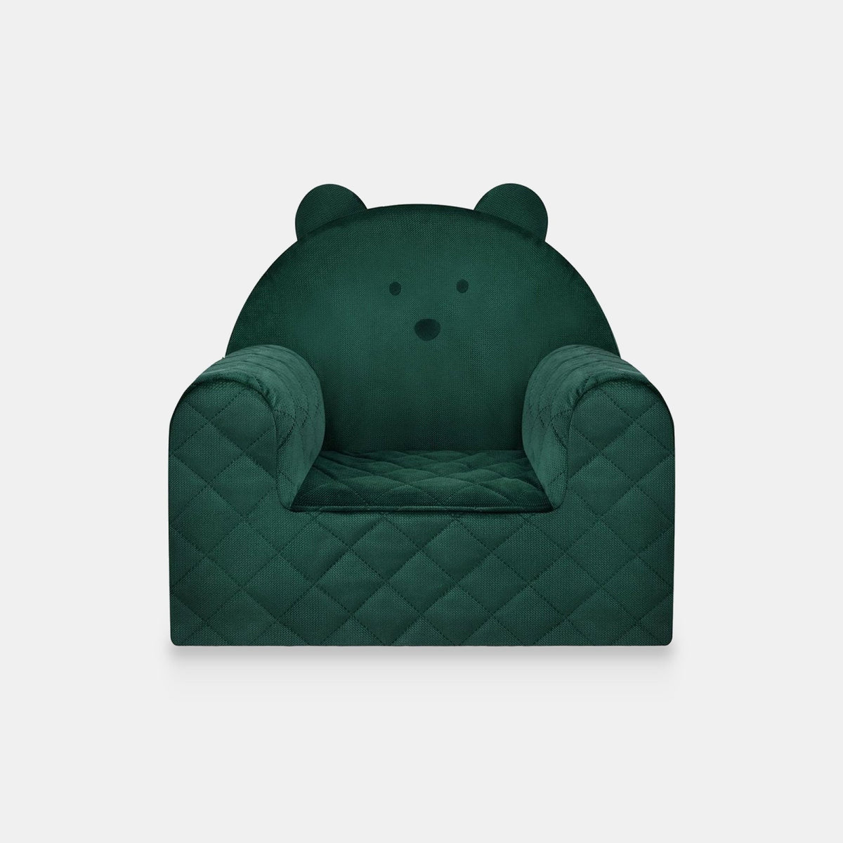 Poltroncina per bambini a forma di orso in velluto Verde, vista frontale su sfondo chiaro
