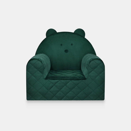 Poltroncina per bambini a forma di orso in velluto Verde, vista frontale su sfondo chiaro