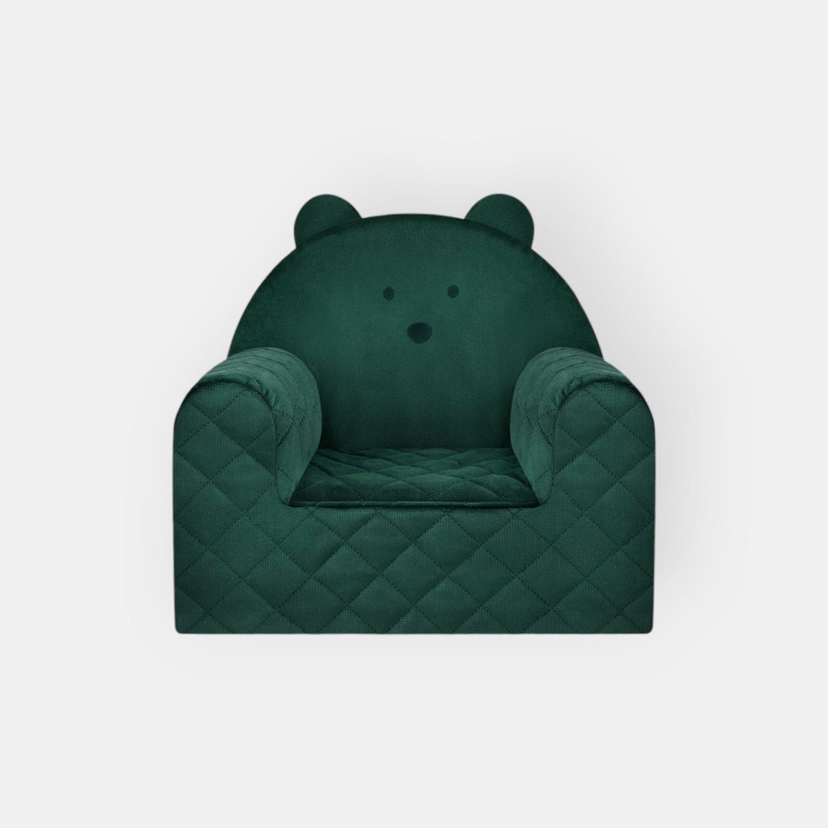 Poltroncina per bambini a forma di orso in velluto Verde, vista frontale con orecchie d'orso e rivestimento trapuntato