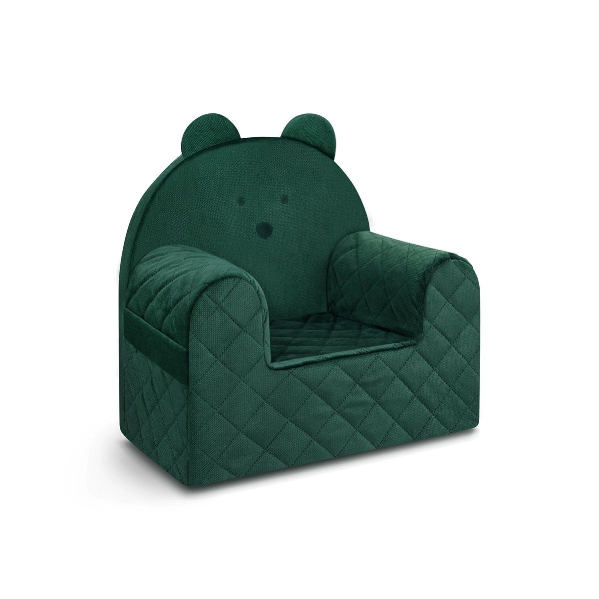 Poltroncina per bambini a forma di orso in velluto Verde, vista di tre quarti con braccioli e schienale trapuntato