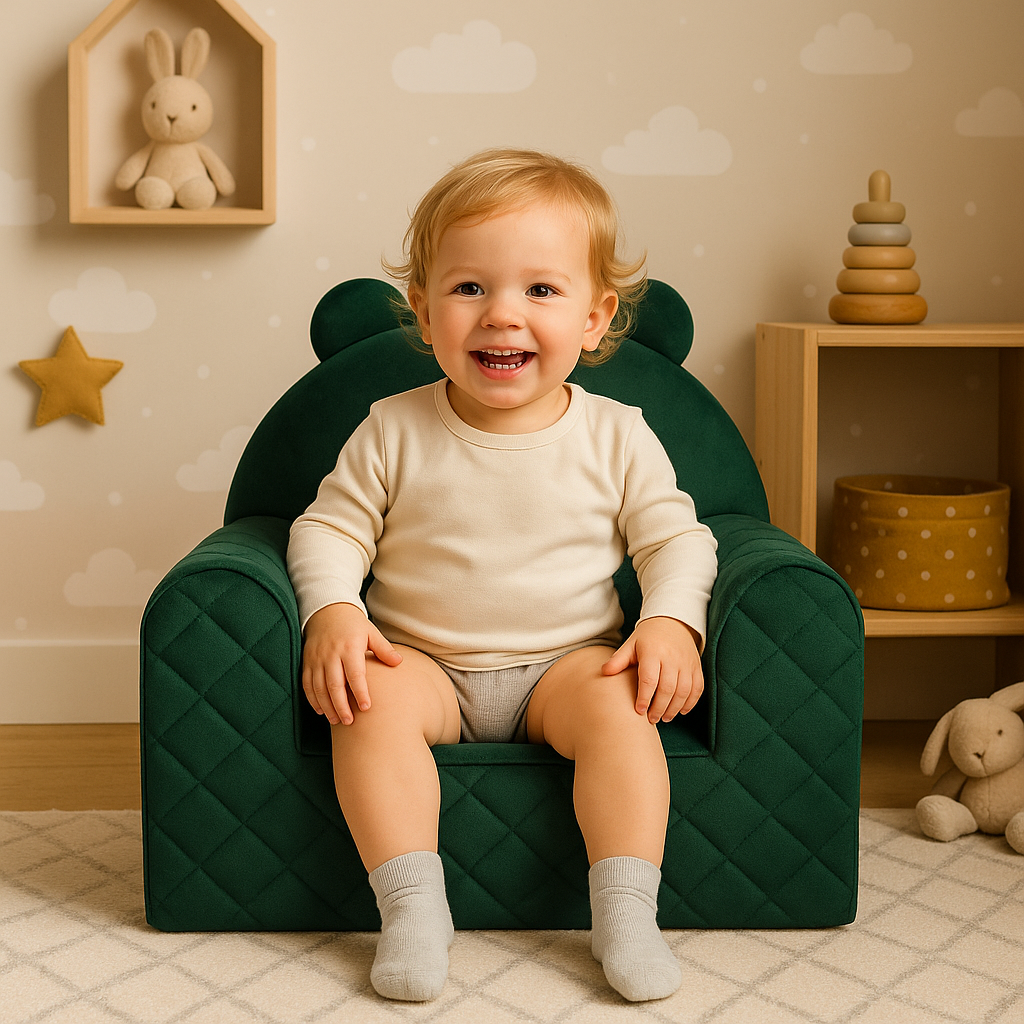 Poltroncina per bambini a forma di orso in velluto Verde, con un bambino in una cameretta luminosa