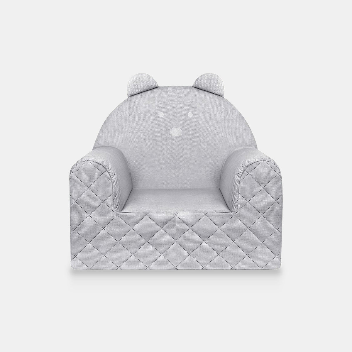 Poltroncina per bambini a forma di orso in velluto Grigio chiaro, vista frontale su sfondo chiaro