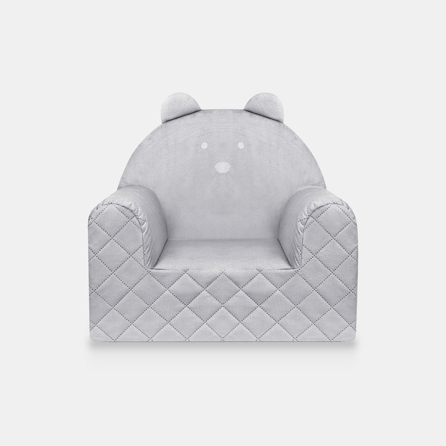 Poltroncina per bambini a forma di orso in velluto Grigio chiaro, vista frontale su sfondo chiaro